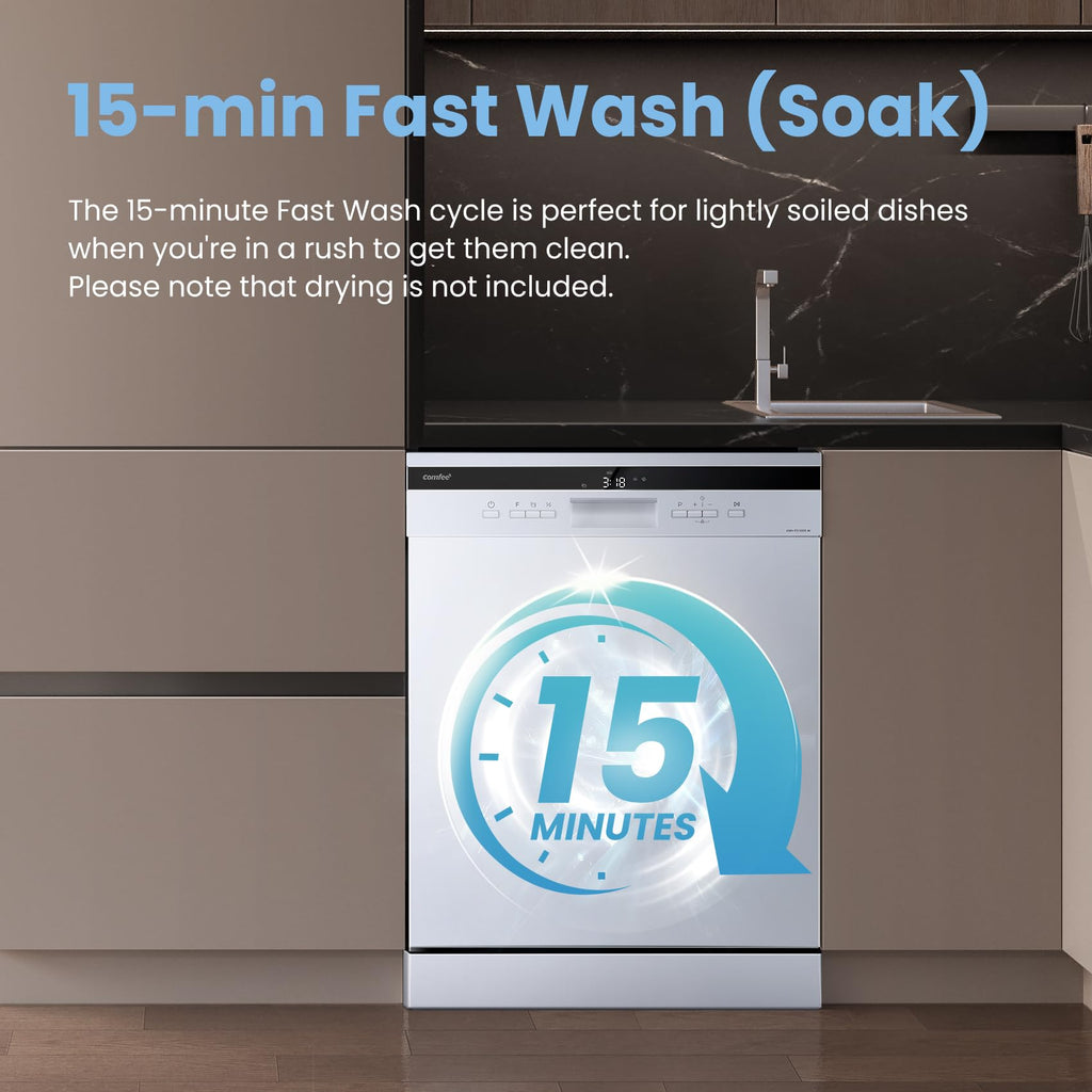 COMFEE' Freestanding Dishwasher FD1435E-W with 14 place settings, Full Size, 44dB, Wide LED Display